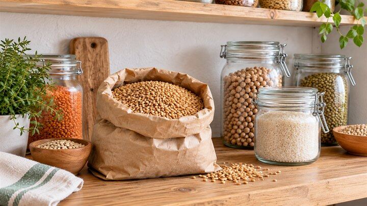 Bio-Getreide, Reis und Hülsenfrüchte in einer hellen Vorratskammer