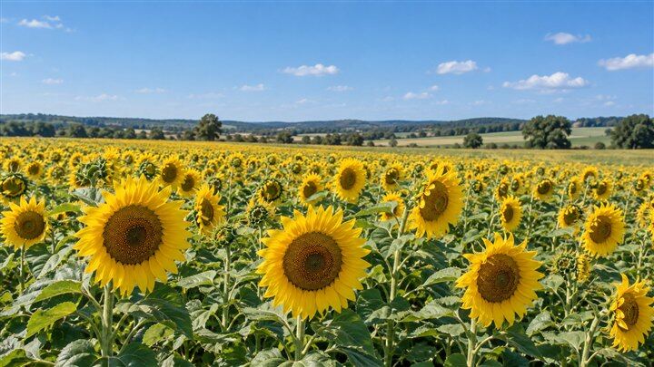 Sonnenblumenfeld im sommerlichen Sonnenlicht unter blauem Himmel