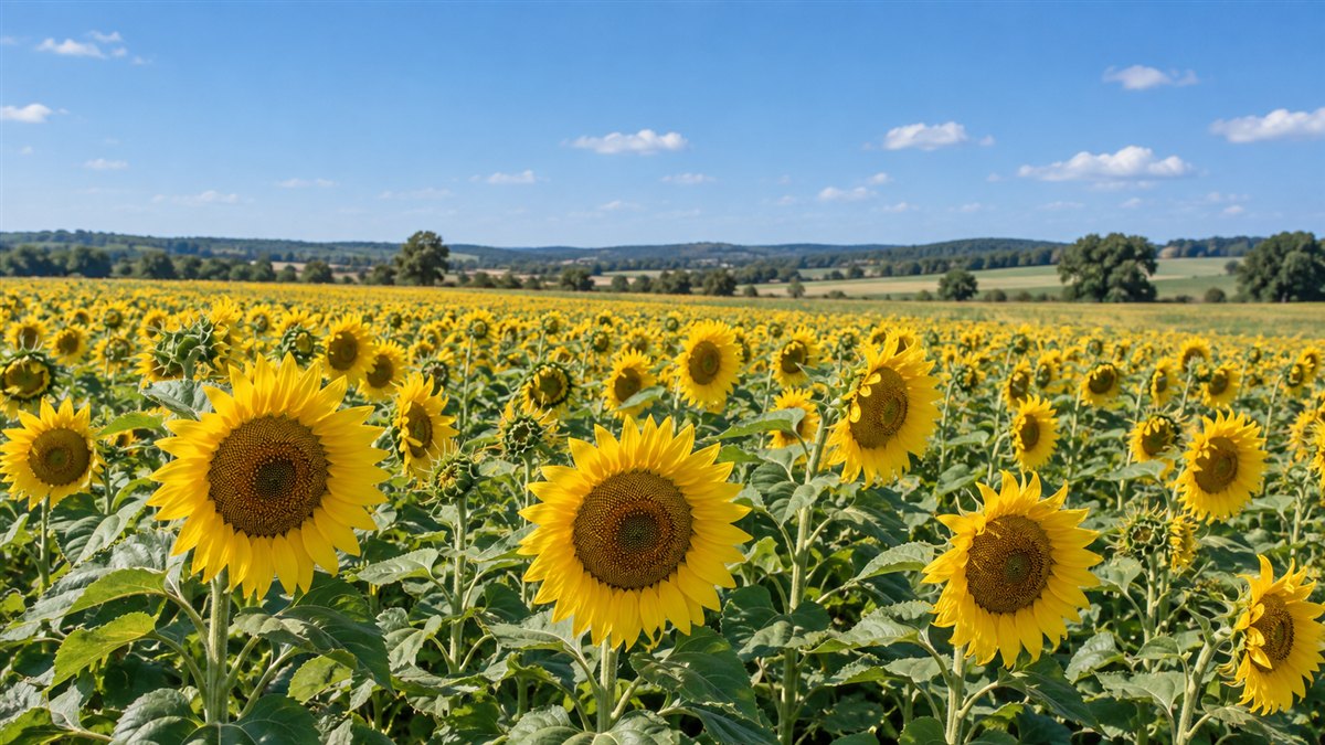 Sonnenblumenfeld im sommerlichen Sonnenlicht unter blauem Himmel